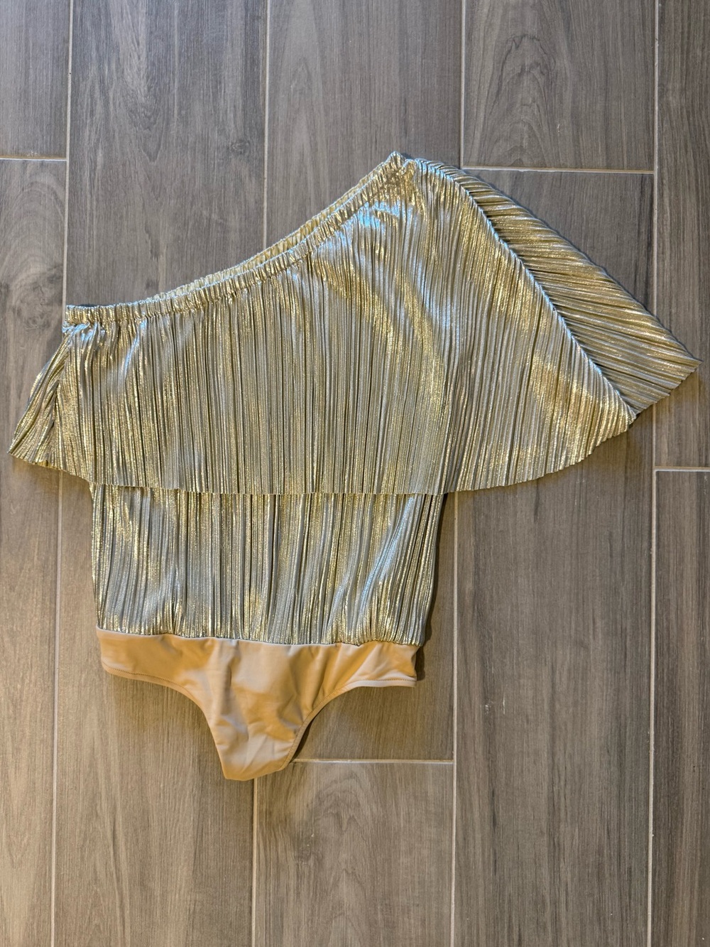 Express x Rachel Zoe One-Shoulder Metallic Gold Ruffle One-Piece Bodysuit